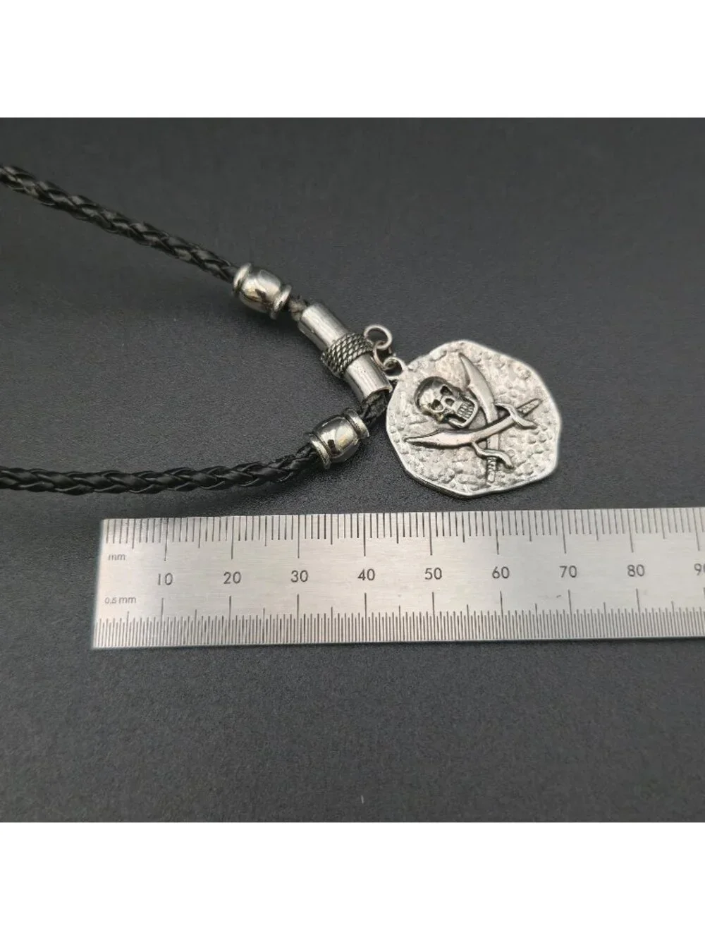 18 Inch Pirate Coin Skull Necklace, Braided Leather Cord, Gift for Men B1451